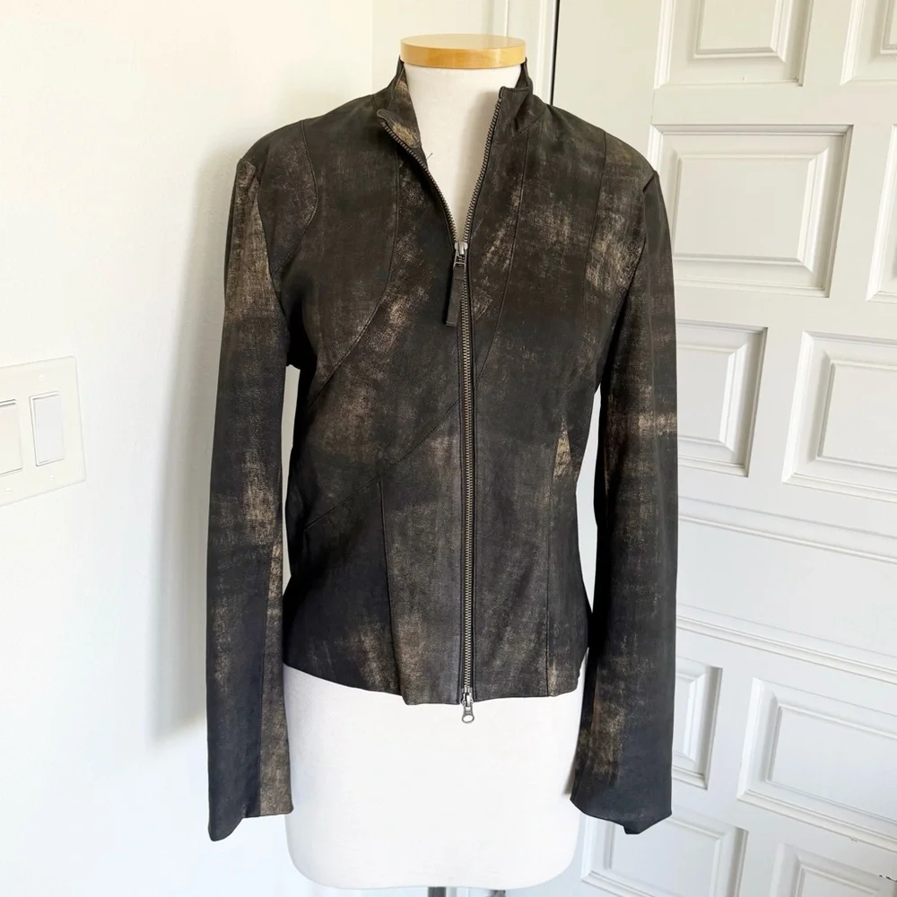 Cigno Nero Black Leather Jacket Fitted Coat Metallic Gold Size 40